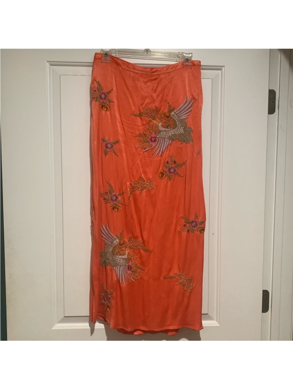 Anthropologie Embroidered Orange Satin Maxi Skirt